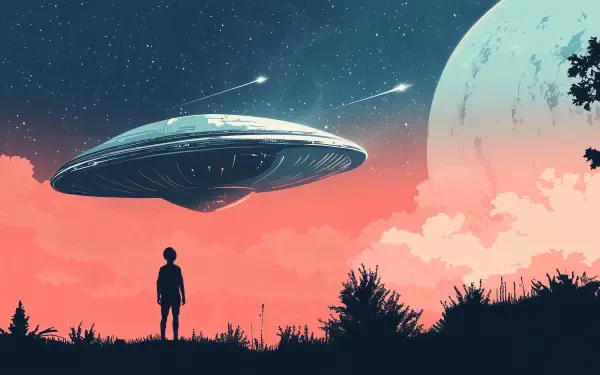 A silhouetted figure stands in a vibrant landscape as a sleek UFO descends under a starry sky, capturing an exhilarating sci-fi alien encounter in stunning 4K Ultra HD.