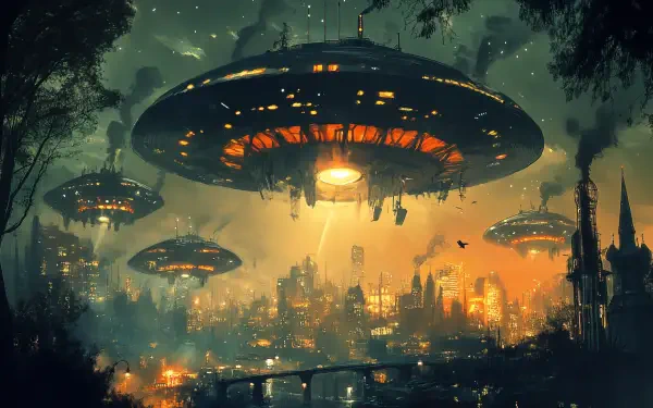 A dramatic sci-fi scene depicting a UFO invasion over a futuristic city, illuminated by vibrant lights. This 4K Ultra HD wallpaper captures a striking mix of technology and atmosphere.