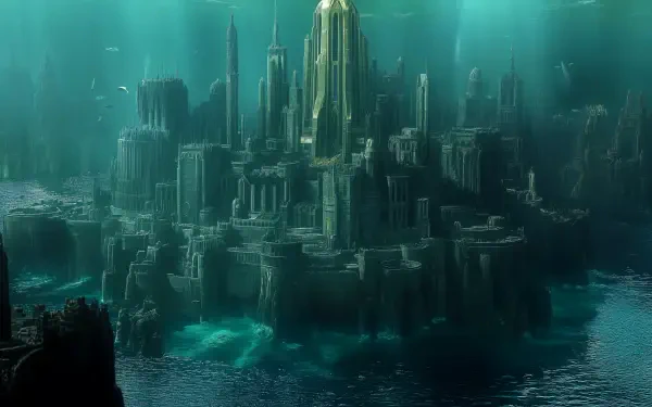 A stunning 4K Ultra HD image of an underwater city, featuring towering structures and intricate architecture submerged in serene, azure waters.