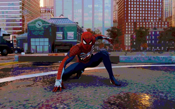 Spider-Man crouching on a wet city street at dusk, captured in stunning detail for a 4K Ultra HD PC desktop wallpaper.