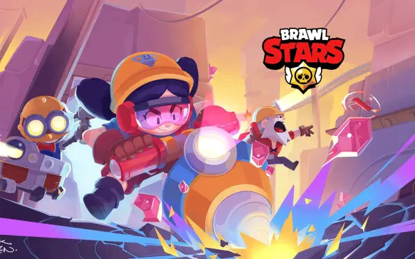 Bright and colorful 4K Ultra HD wallpaper featuring characters from the game Brawl Stars, showcasing action and excitement in a dynamic gaming scene.
