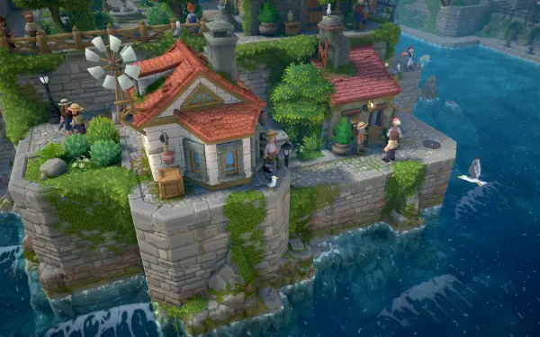 A vibrant HD wallpaper depicting Luma Island, featuring charming houses, lush greenery, and characters engaging in activities by the serene waterfront.