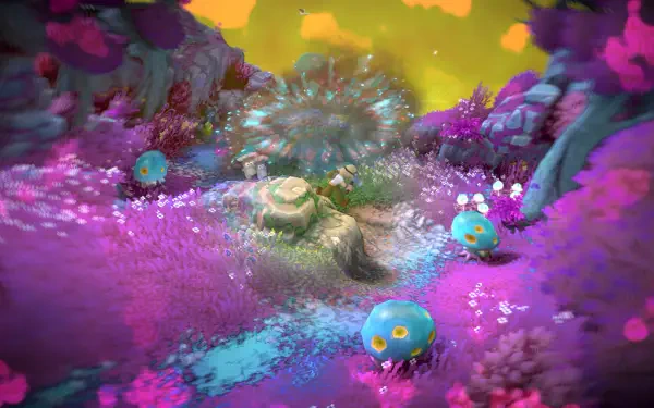 HD PC desktop wallpaper featuring a colorful, vibrant scene from the video game Luma Island with glowing flora and whimsical blue creatures.