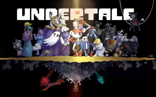 HD PC desktop wallpaper featuring a vibrant group of Undertale characters arranged above a dark, mirrored reflection.