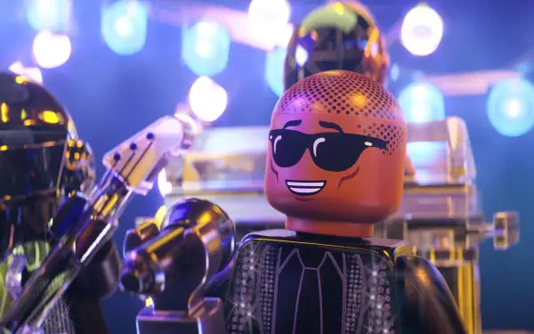 A colorful HD desktop wallpaper from the movie Piece by Piece, featuring animated characters performing with bright lights and microphones, capturing a vibrant musical atmosphere.