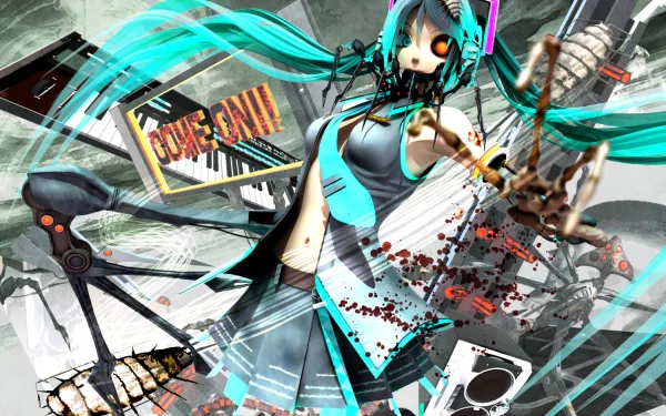 A dark-themed HD wallpaper featuring Hatsune Miku from Anime and Vocaloid, set against a chaotic backdrop with a blend of music elements and stylized graphics.