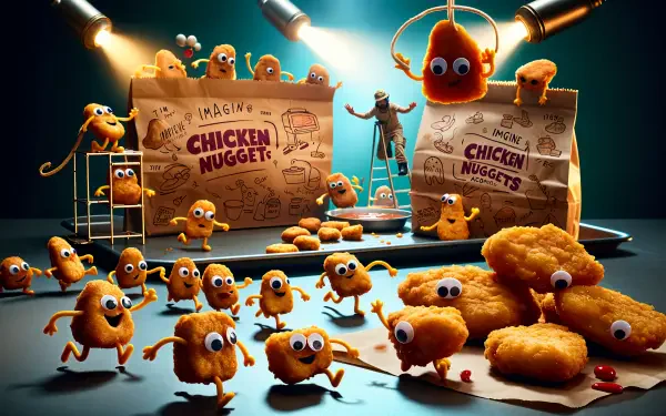 A vibrant 4K Ultra HD image featuring playful animated chicken nuggets with googly eyes, surrounded by whimsical packaging and a fun, lively backdrop.