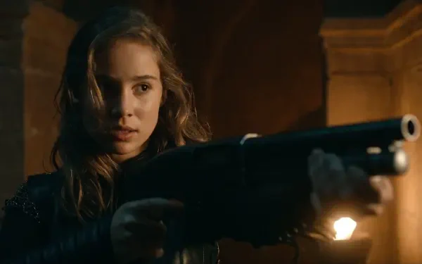 A dramatic scene from the TV show Warrior Nun, featuring Alba Baptista aimed to convey intensity and determination, captured in a high-definition desktop wallpaper.