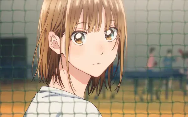 Anime HD desktop wallpaper featuring Chinatsu Kano from Blue Box, shown with a soft expression against a volleyball net backdrop.