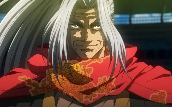 An intense character from the anime Record of Ragnarok, featuring a man with long white hair and a striking red scarf, depicted in high definition for a stunning desktop wallpaper.
