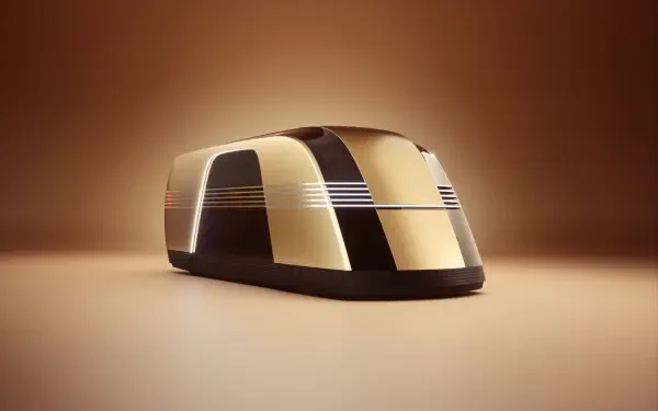 A sleek, futuristic Tesla robovan design showcased against a warm background, presented in stunning 8K Ultra HD for an impressive desktop wallpaper.