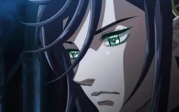 Close-up of a character from the anime *Record of Ragnarok*, featuring intense green eyes and a serious expression, set against a dark, atmospheric background.