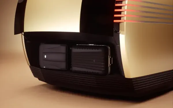 Close-up of a Tesla robovan's rear design, featuring sleek lines and futuristic elements, set against a minimalistic background. An 8K Ultra HD desktop wallpaper.