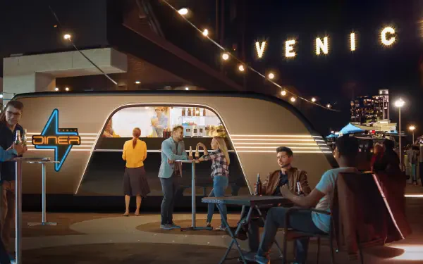 A futuristic Tesla robovan serves as a mobile café, with people socializing nearby under the glow of the VENICE sign, capturing a vibrant urban atmosphere in 4K Ultra HD.