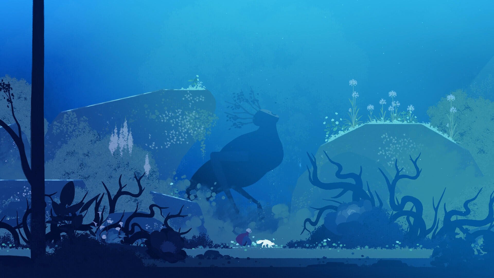 A captivating HD desktop wallpaper from the video game Neva, featuring a mysterious underwater scene filled with dark silhouettes and vibrant marine life surrounded by foliage.