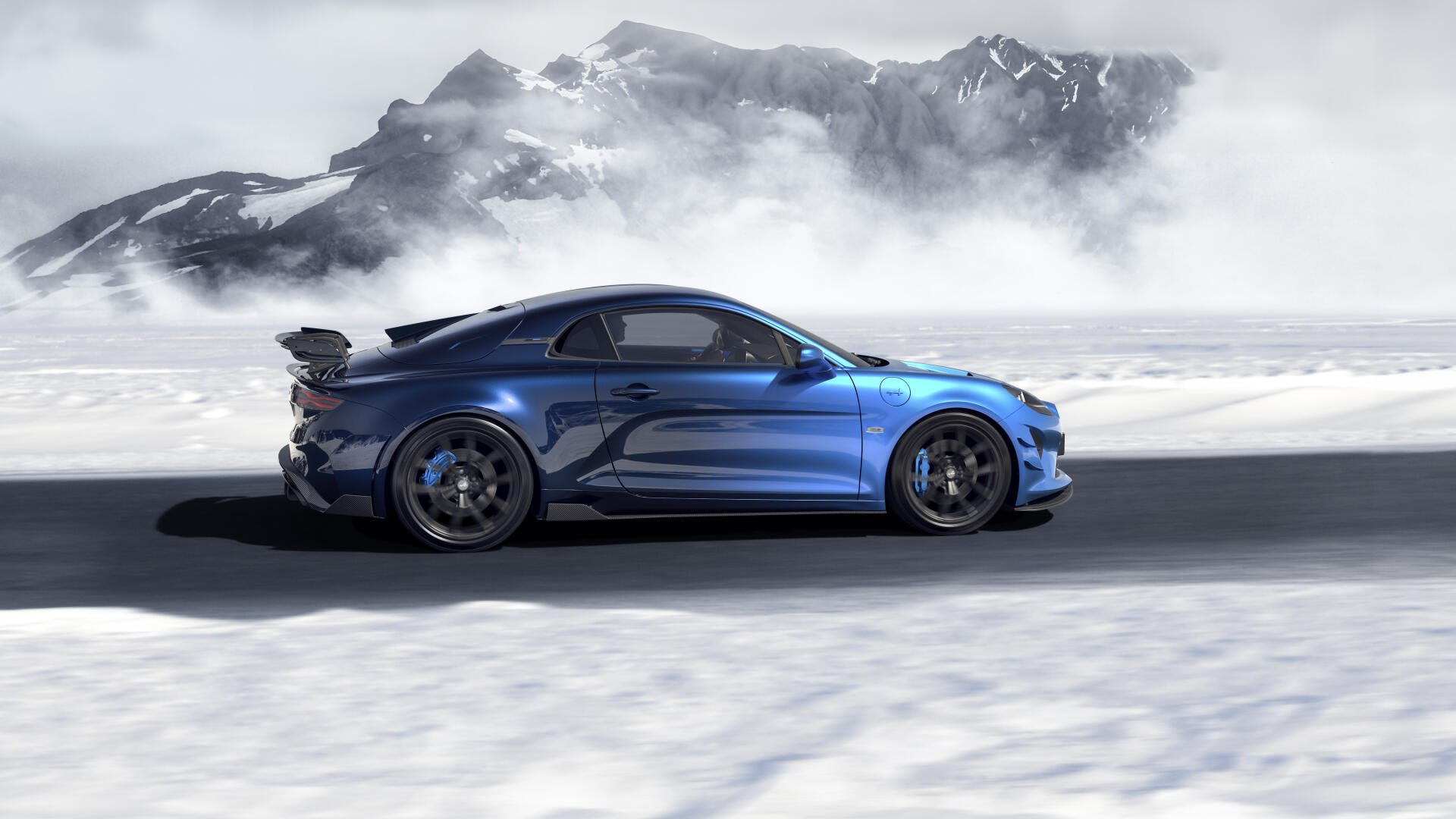 A stunning blue Alpine A110 R Ultime sports car cruising on a snow-covered road, with majestic mountains in the background. An 8K Ultra HD desktop wallpaper.