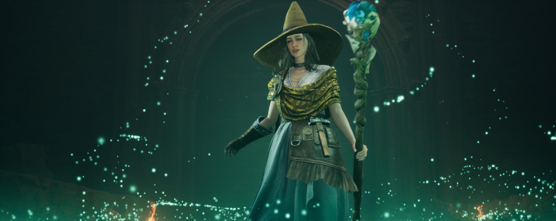 A captivating HD wallpaper featuring a character from the video game Throne and Liberty, adorned in mystical attire, wielding a magical staff amidst a shimmering fantasy backdrop.