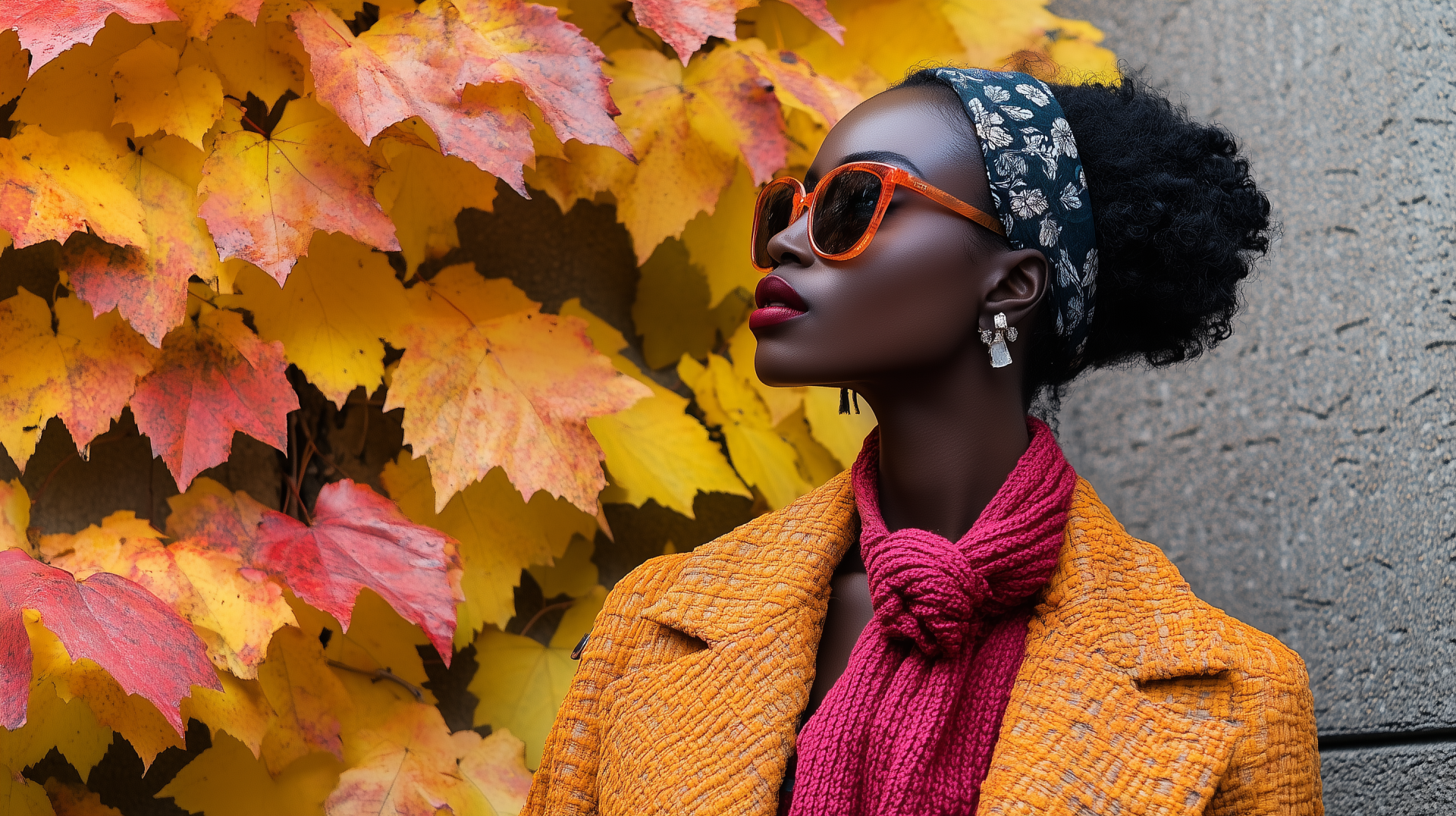 A woman showcases fall fashion against a backdrop of vibrant yellow and orange leaves, wearing stylish sunglasses and a scarf, exuding confidence and elegance.