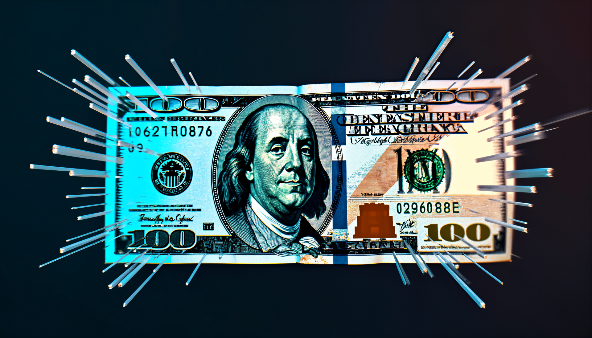 A vibrant 4K Ultra HD wallpaper featuring a $100 bill, surrounded by dynamic graphic elements, creating a striking visual representation of money.