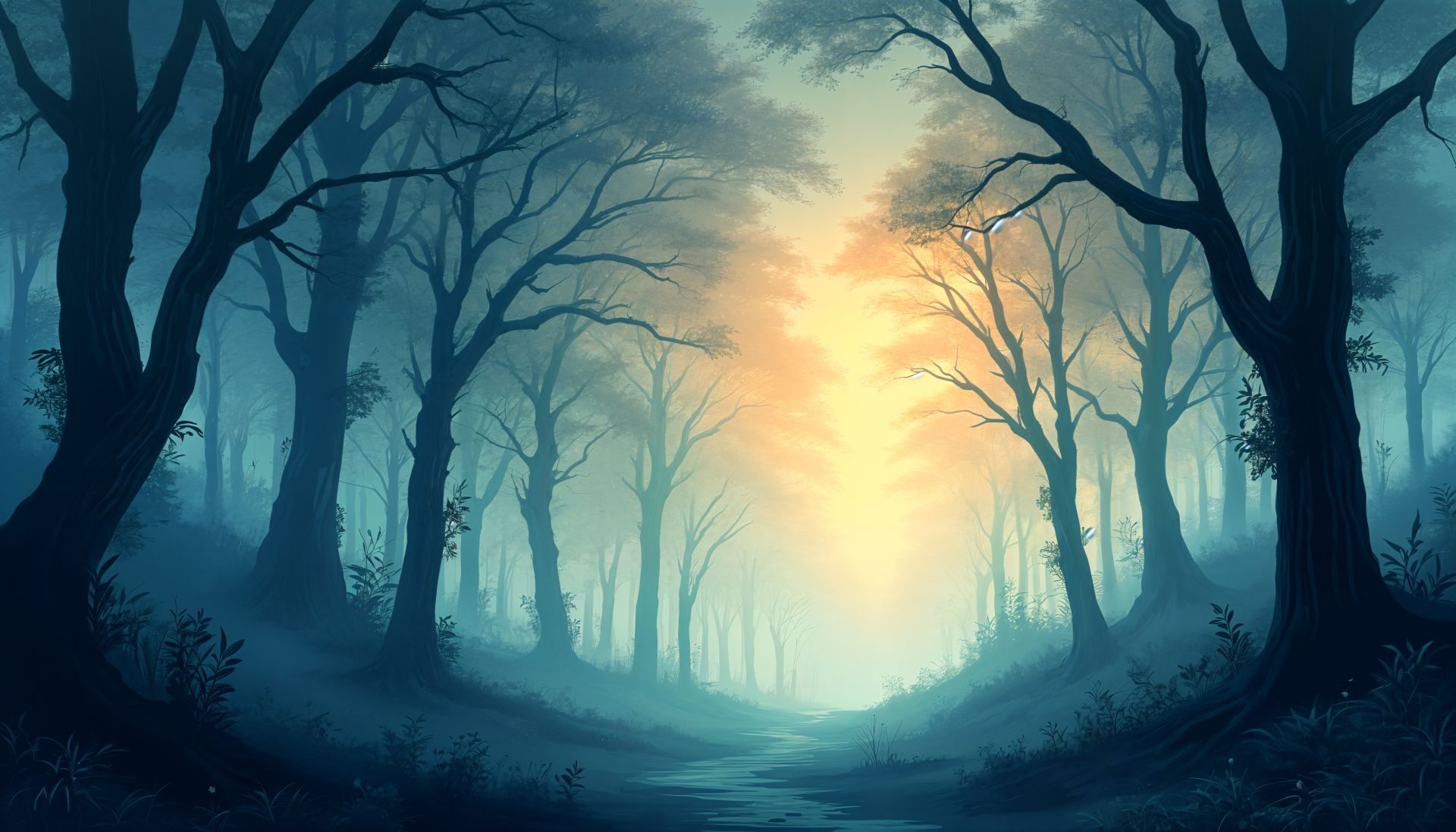 A misty forest at dawn, featuring tall, dark trees silhouetted against a soft orange light, creating an enchanting atmosphere. 4K Ultra HD desktop wallpaper and background.