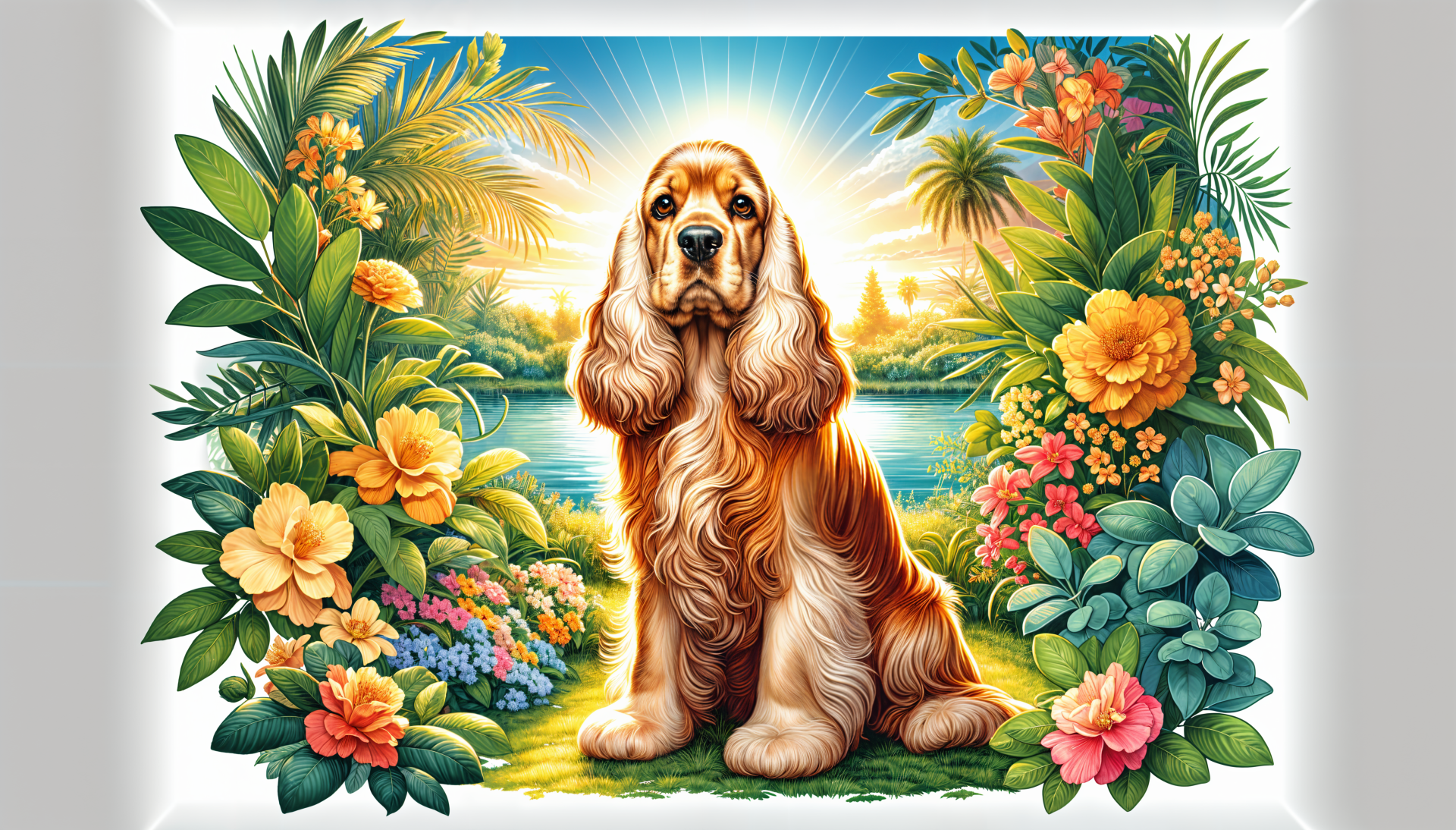 A vibrant 4K Ultra HD wallpaper featuring a cocker spaniel surrounded by lush foliage and colorful flowers, set against a serene lake and radiant sunset backdrop.