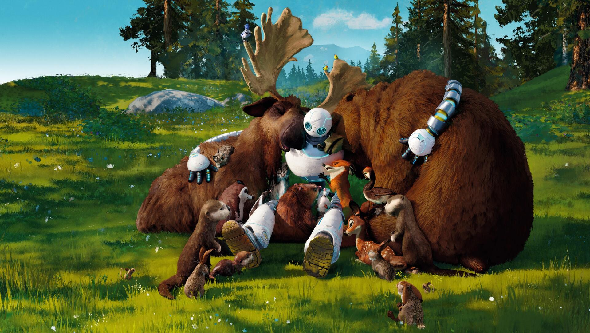 A serene scene from The Wild Robot, featuring a robot surrounded by forest animals, resting against two large bears in a vibrant green landscape. 4K Ultra HD desktop wallpaper.