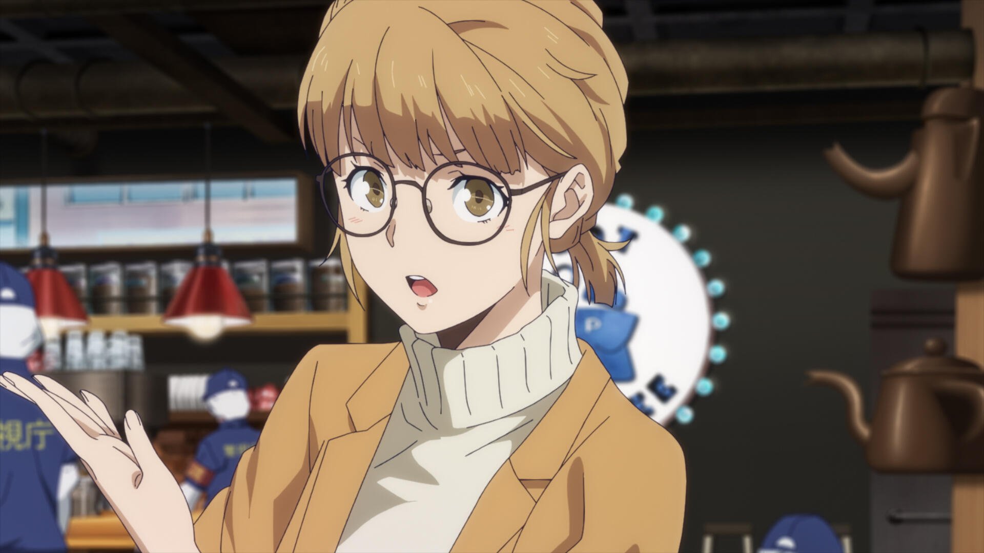 HD anime desktop wallpaper featuring a character from Ron Kamonohashi's Forbidden Deductions with glasses and a beige jacket in a cozy café setting.