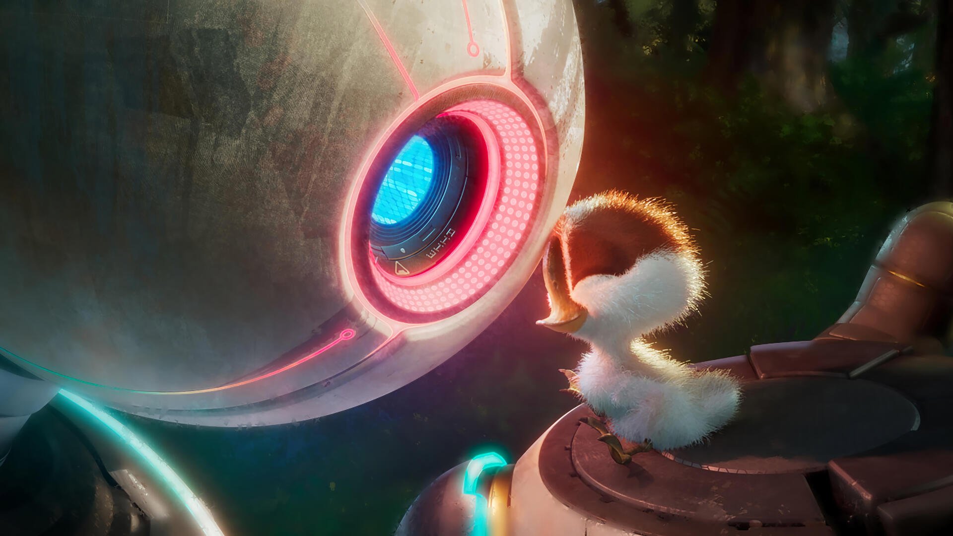 A charming scene from the movie The Wild Robot, featuring a fluffy chick interacting with a high-tech robot, depicted in vibrant colors and stunning 4K Ultra HD quality.