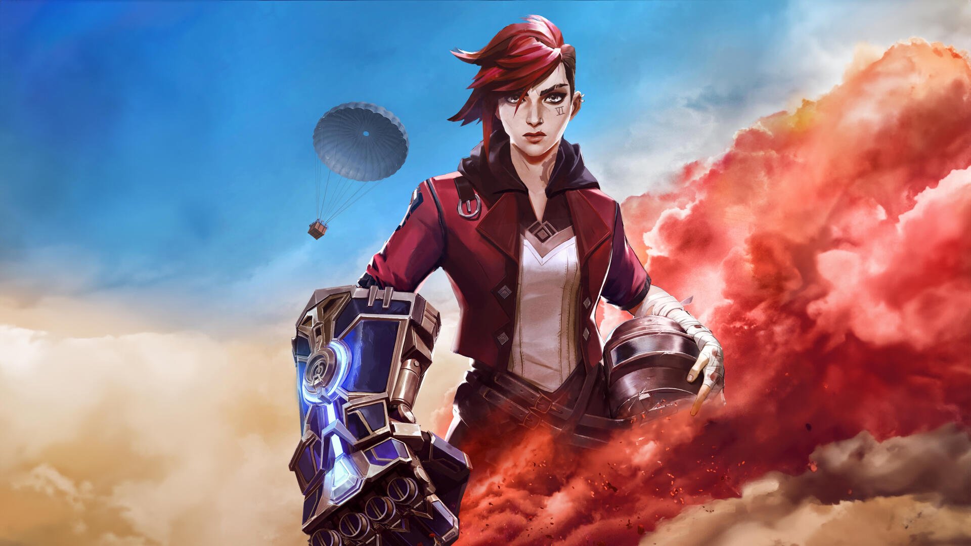 An 8K Ultra HD wallpaper featuring a character inspired by Playerunknown's Battlegrounds and VI from League of Legends, set against a dramatic cloud-filled background.