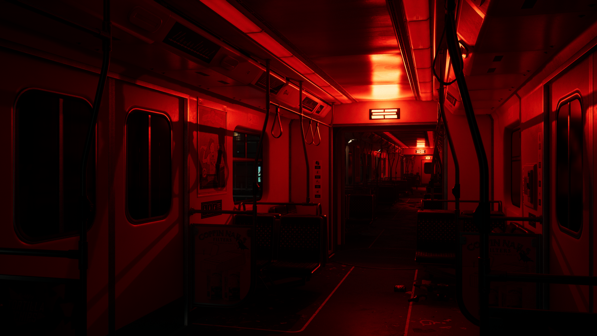 A dark train interior illuminated in red, evoking the eerie atmosphere of Dead Island 2. This 4K Ultra HD wallpaper enhances the gaming experience with its immersive design.