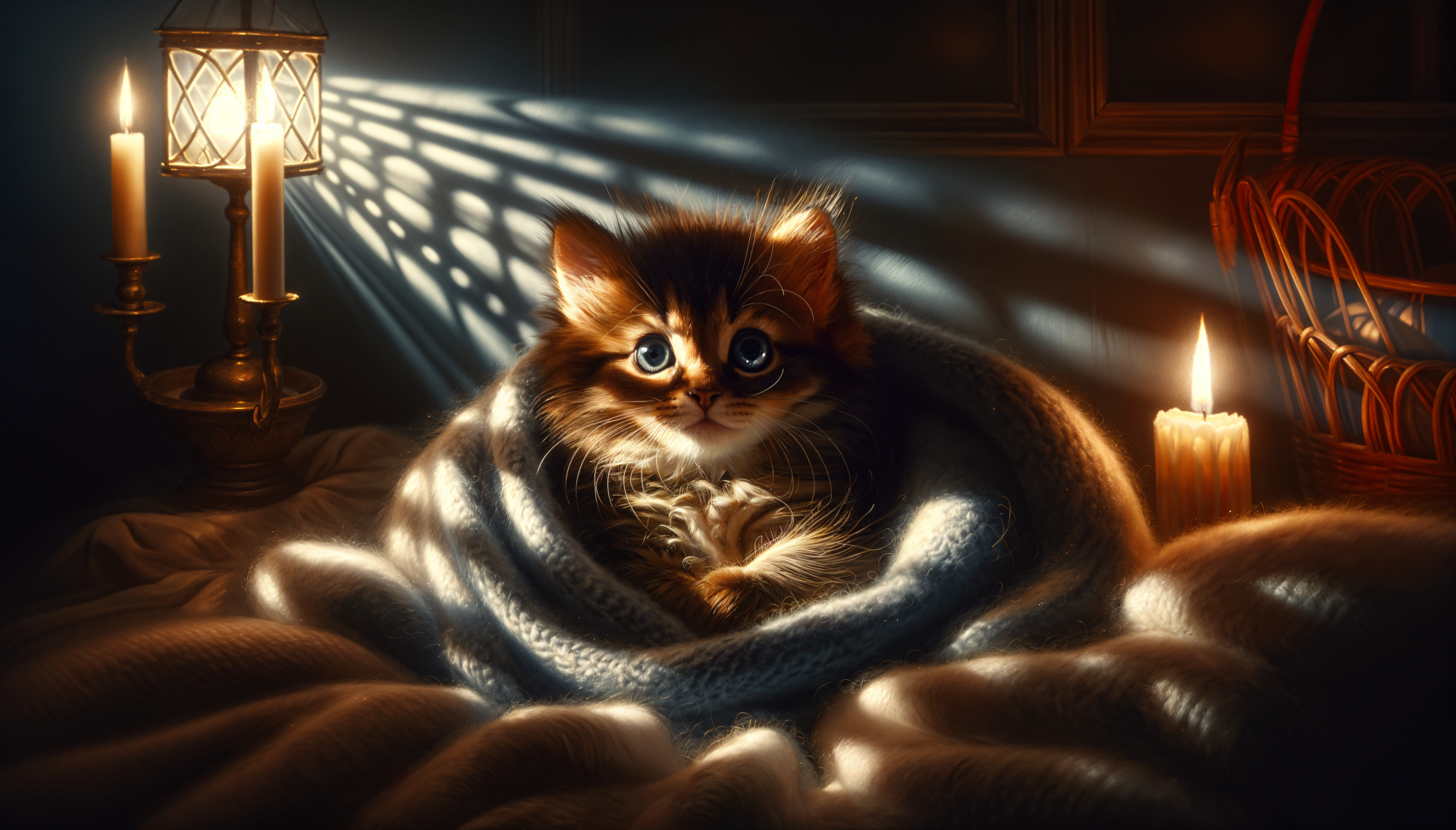 A cute kitten snuggled in a blanket, surrounded by soft candlelight and gentle shadows, captured in a stunning 4K Ultra HD wallpaper.
