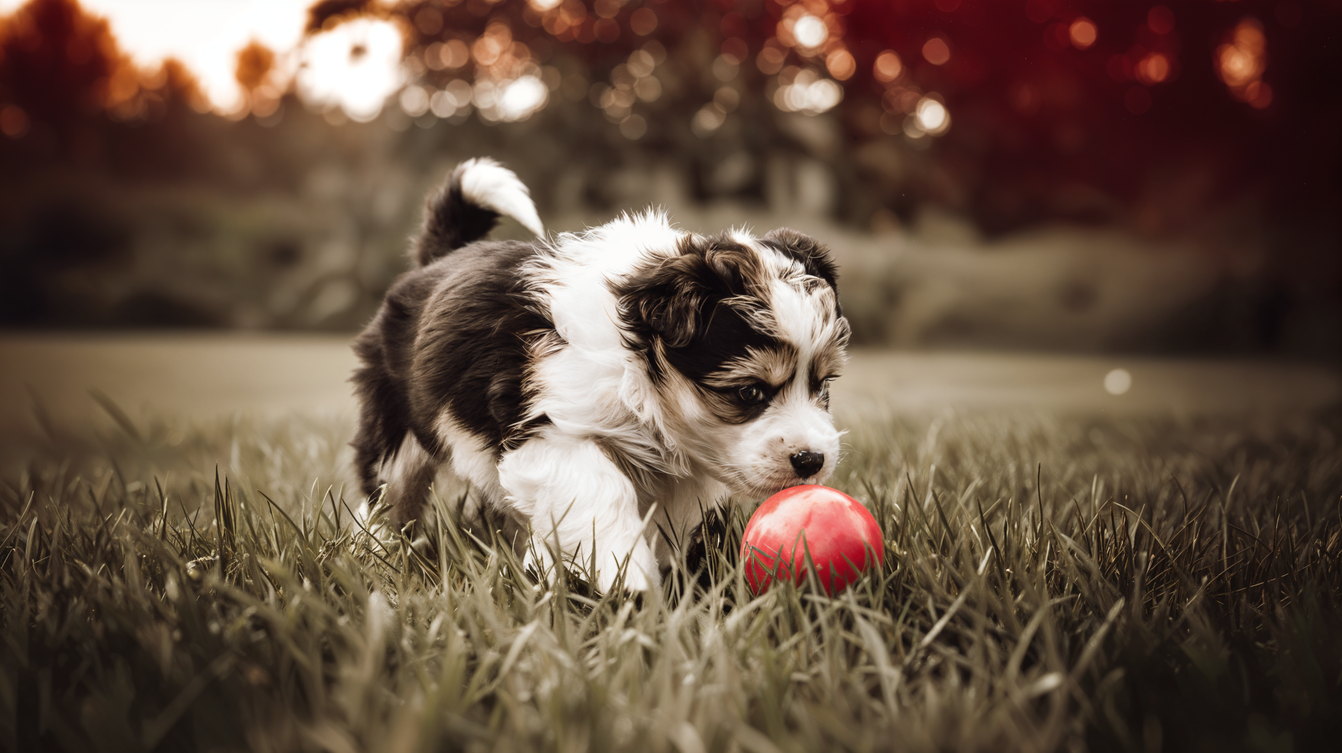A cute puppy plays with a bright red ball in a grassy field, captured in stunning 4K Ultra HD, creating a lively and heartwarming desktop wallpaper.