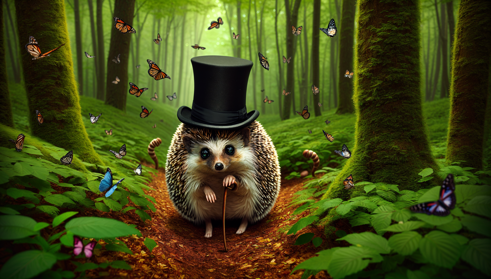 A charming woodland creature, a hedgehog in a top hat, strolls through a vibrant, butterfly-filled forest. This whimsical scene makes for an enchanting 4K Ultra HD PC desktop wallpaper.