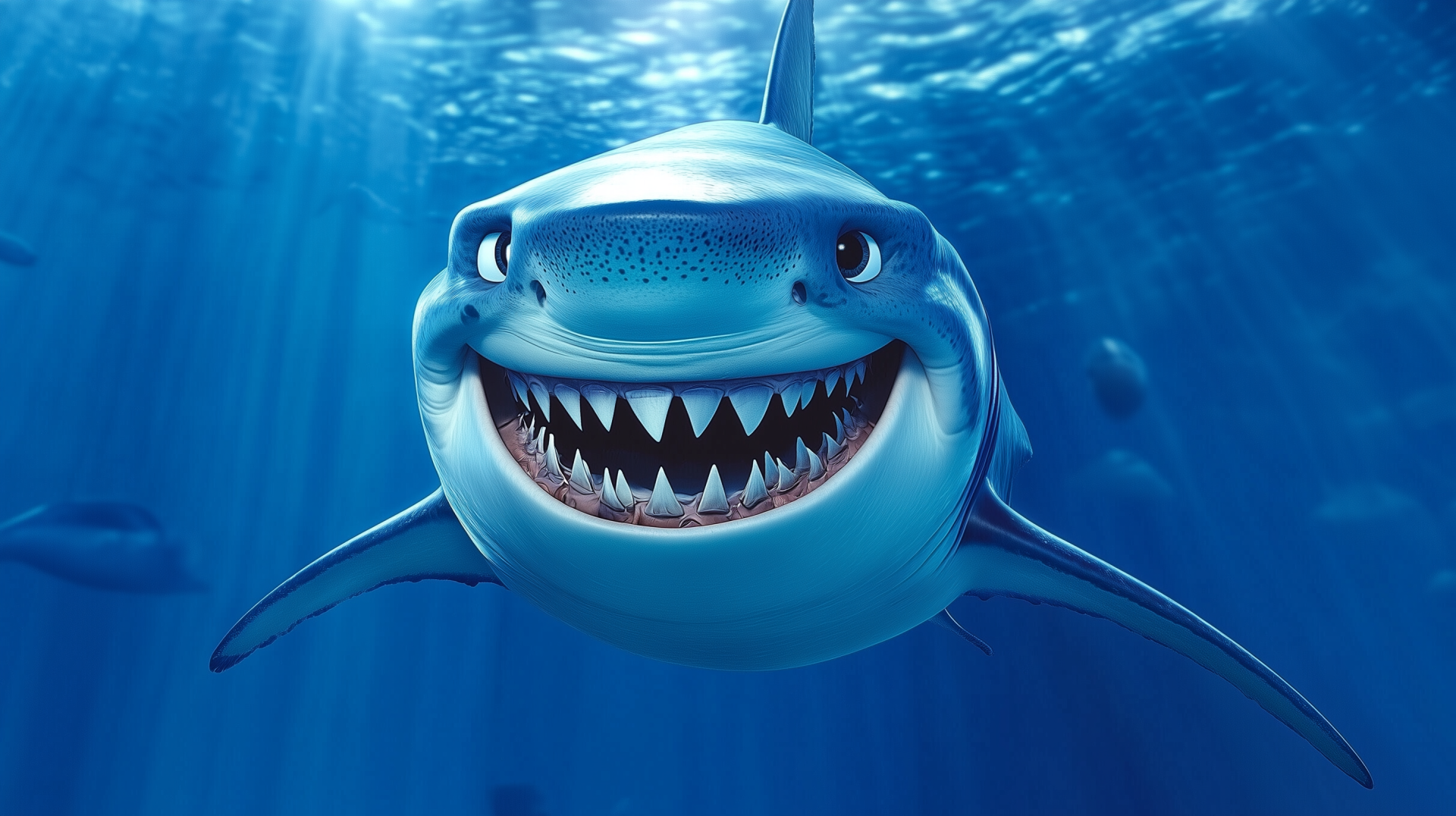 A vibrant HD desktop wallpaper featuring Bruce, the friendly shark from the movie *Finding Nemo*, swimming in a stunning underwater scene with a playful smile.