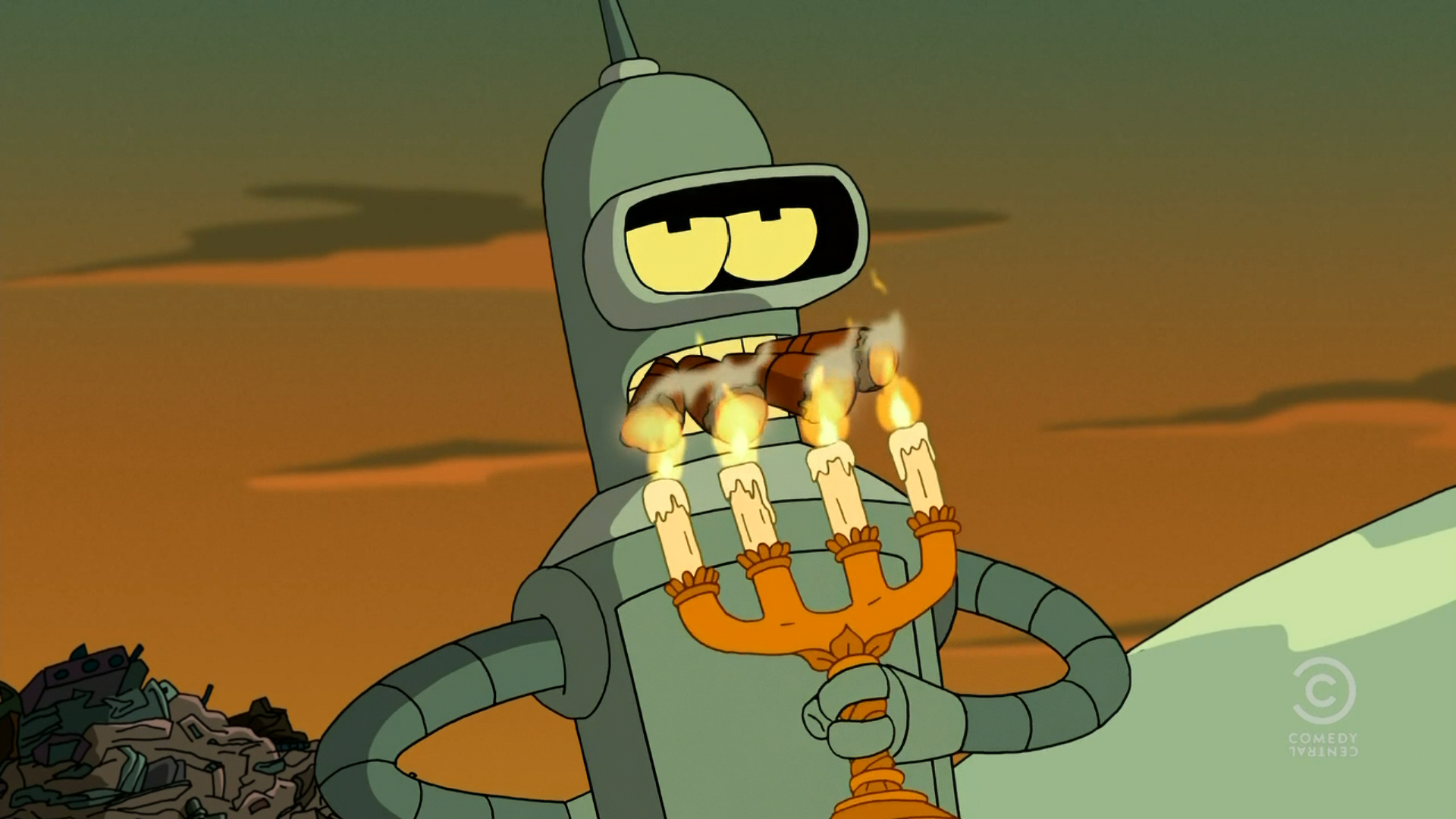 Bender from Futurama holds a candelabra with lit candles against a colorful sky, showcasing his iconic mischievous personality. HD PC Desktop Wallpaper and Background.