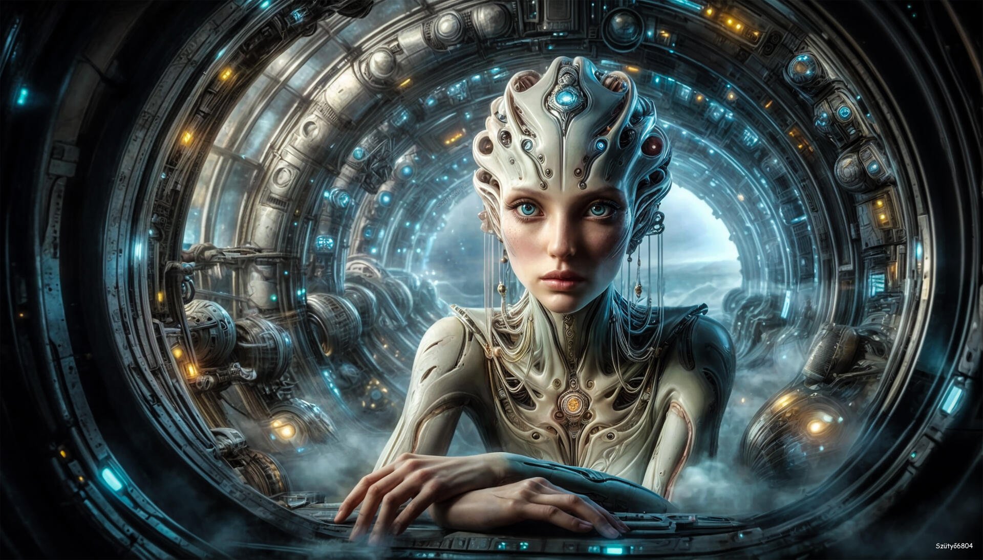 A detailed sci-fi character with biomechanical features set against a futuristic, circular tunnel backdrop in 4K Ultra HD, AI-generated art for PC desktop wallpaper.
