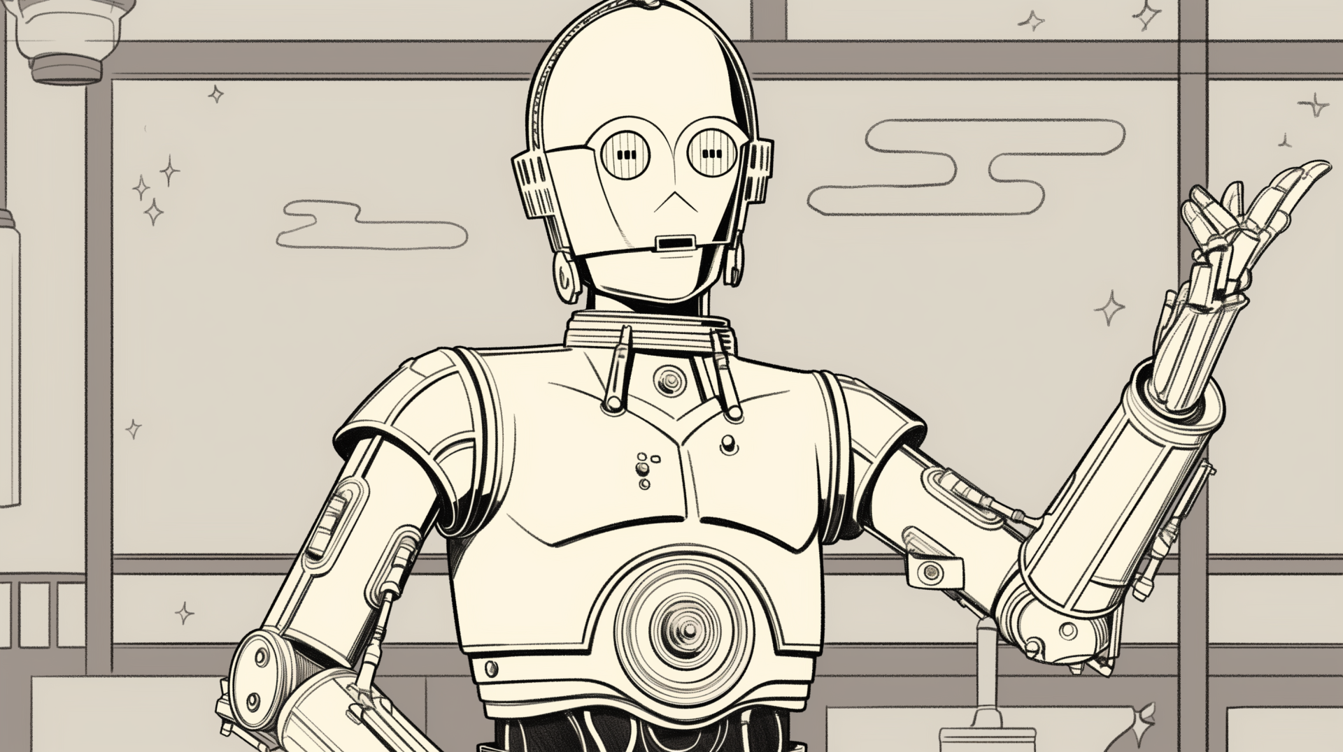 A stylized HD desktop wallpaper featuring C-3PO from Star Wars, showcasing the iconic droid in a line art style against a minimalist background.