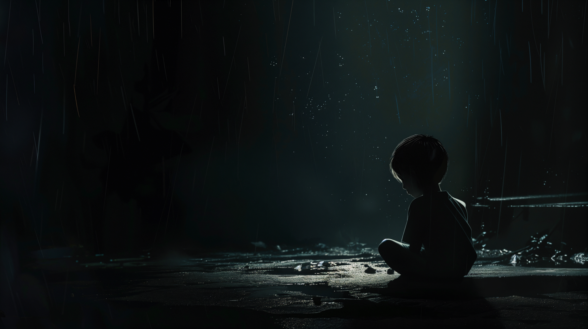 A sad child sits alone in shadow, illuminated by faint light, creating a poignant atmosphere. This 4K Ultra HD wallpaper captures a moment of solitude and reflection.