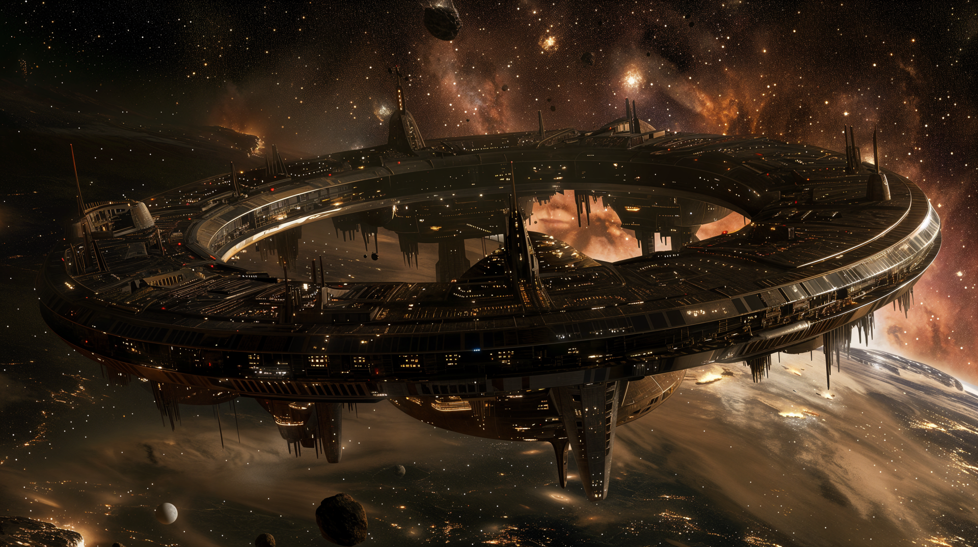 A detailed 4K Ultra HD sci-fi space station orbiting a planet against a vibrant galaxy backdrop in deep space.