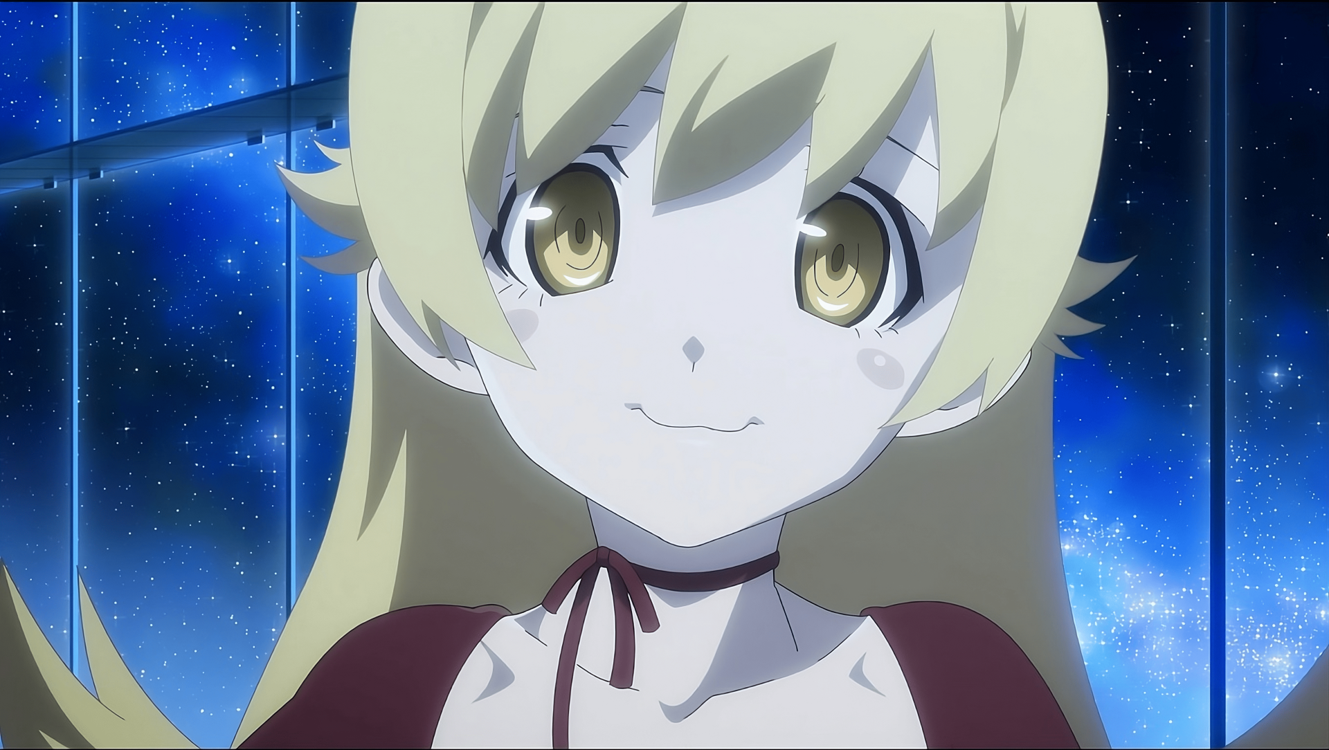 A detailed 4K Ultra HD wallpaper featuring Shinobu Oshino from the Monogatari series, showcasing her unique character design against a starry background.