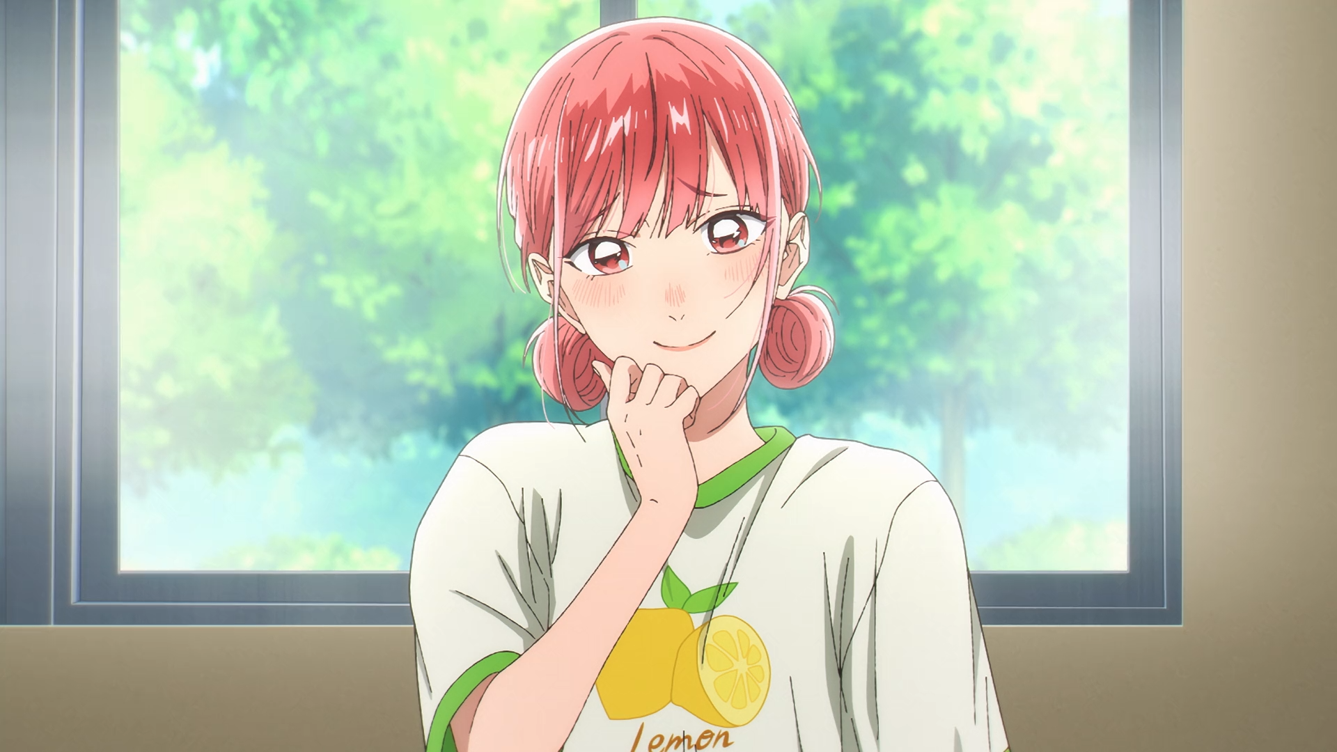 Anime HD desktop wallpaper featuring Hina Chouno from Blue Box, smiling gently with a blurred green outdoor background visible through a window behind her.