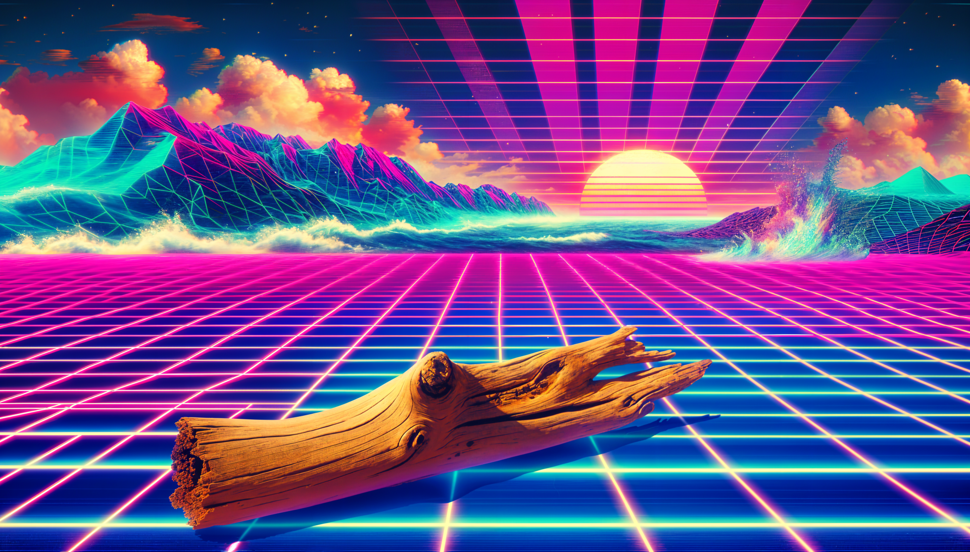 A vibrant 4K Ultra HD wallpaper featuring a piece of driftwood in a surreal landscape, with neon grids, mountains, and a colorful sunset.
