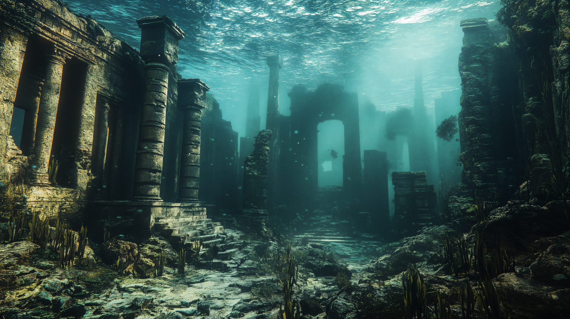 Underwater ruins of a lost civilization, featuring ancient columns and stone structures, illuminated by shimmering water, captured in stunning 4K Ultra HD for a captivating desktop wallpaper.