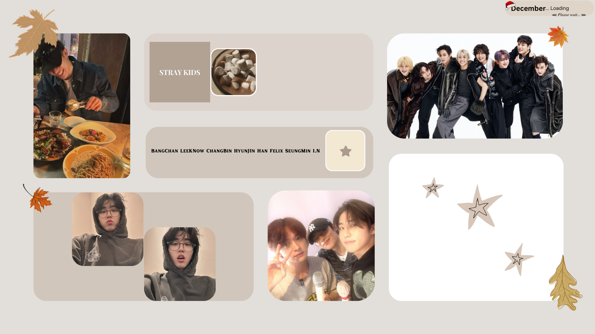 HD PC desktop wallpaper featuring Stray Kids members in various candid and posed shots with a soft beige background and decorative star accents.