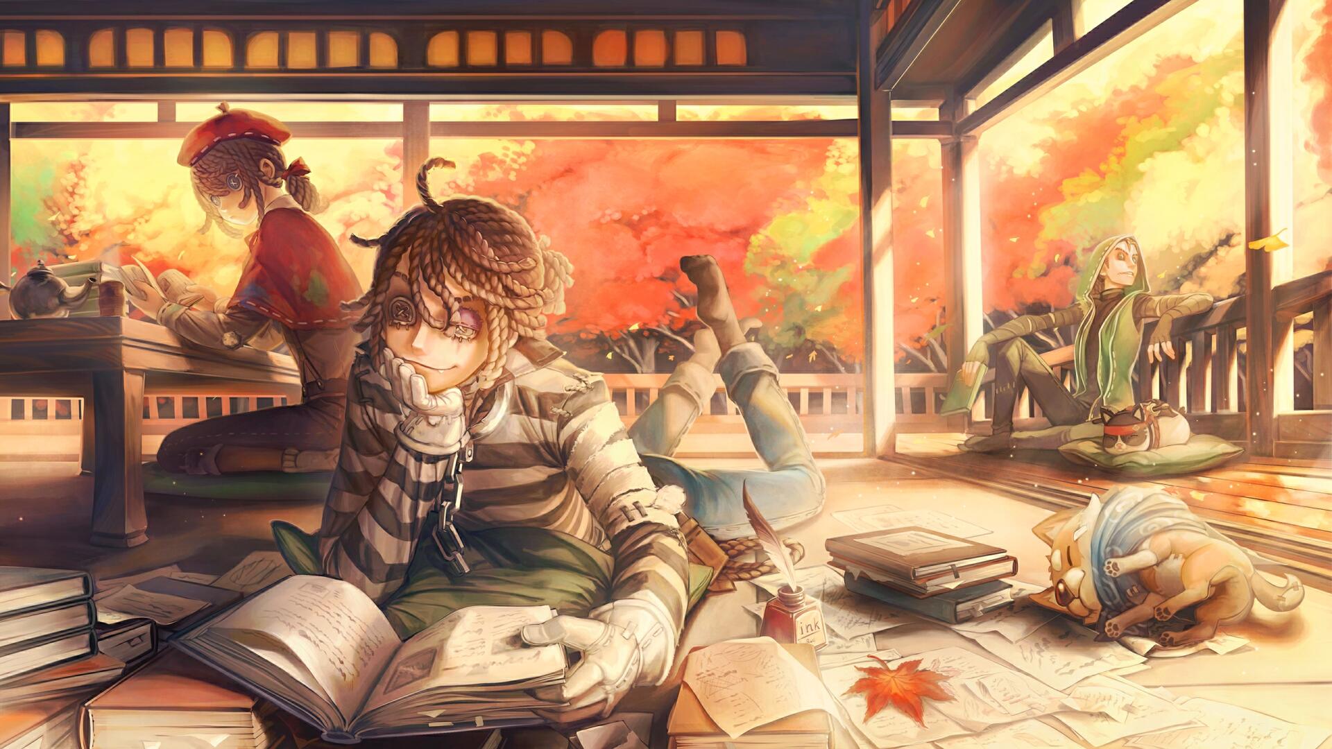 HD PC desktop wallpaper featuring characters from the video game Identity V relaxing in an autumn-themed pavilion surrounded by books and falling leaves.