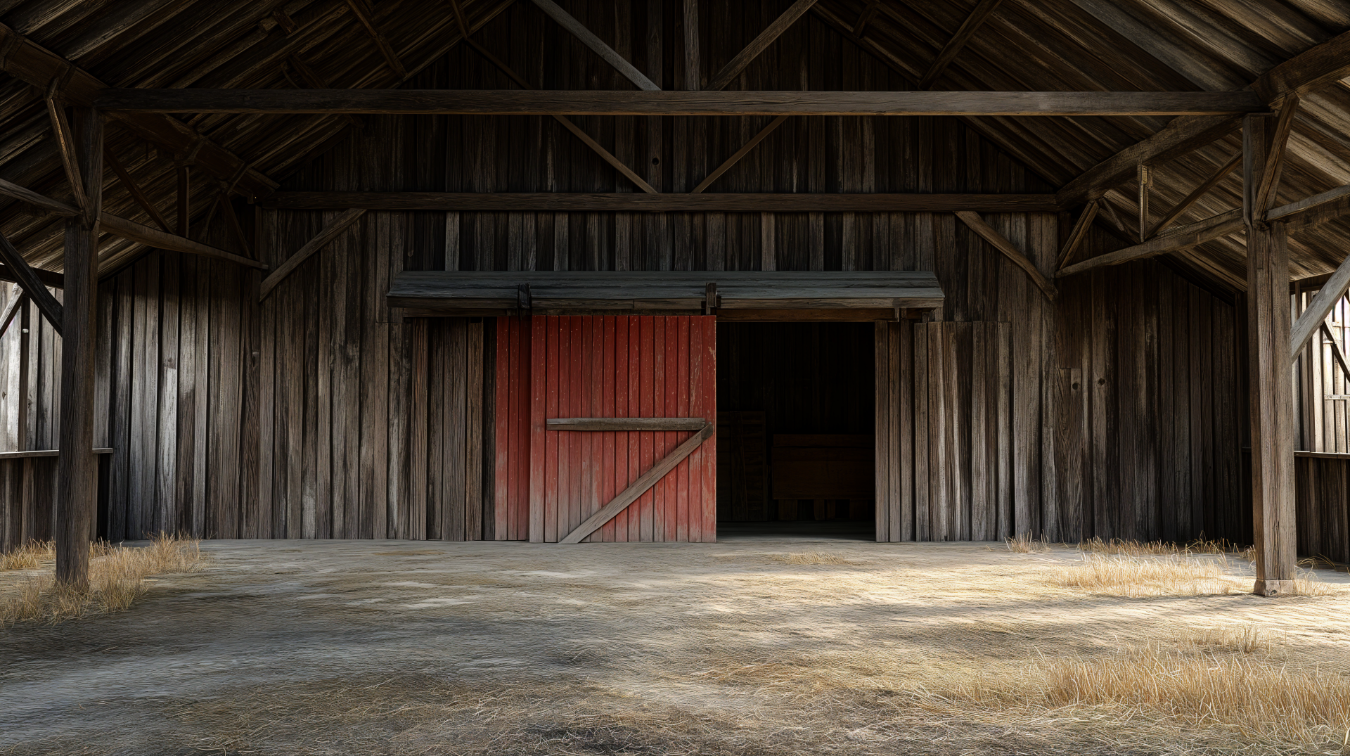 A rustic barn interior featuring wooden beams and a red door, captured in stunning 4K Ultra HD, serves as a captivating desktop wallpaper and background.