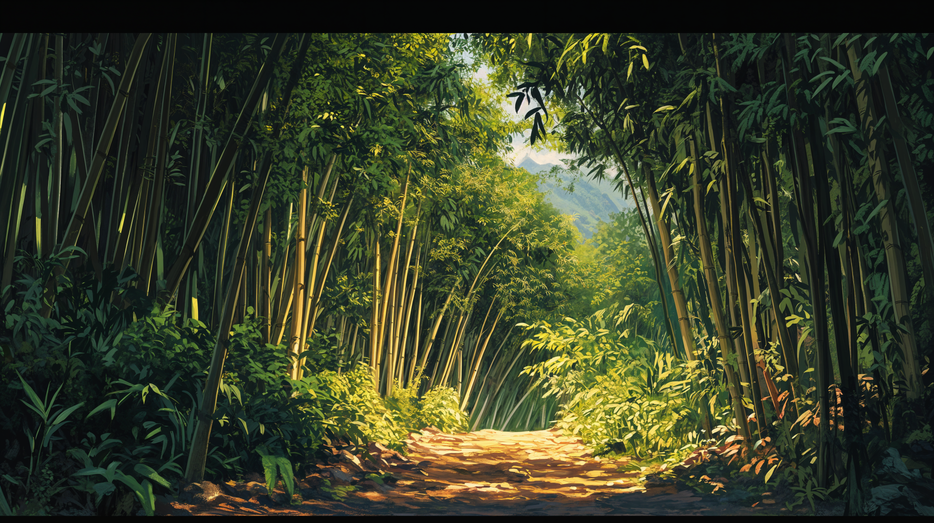A serene bamboo forest with a sunlit path winding through lush green foliage, captured in vibrant detail as a 4K Ultra HD PC desktop wallpaper.