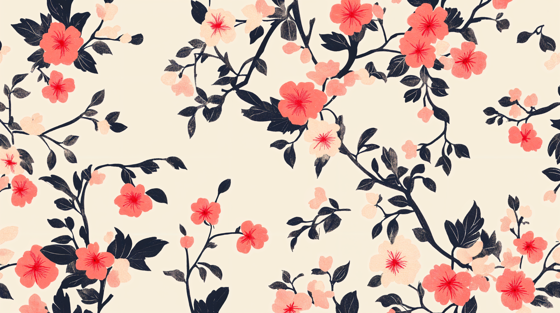 A vibrant floral pattern featuring pink flowers and dark green leaves on a soft beige background, designed as a 4K Ultra HD desktop wallpaper and background.