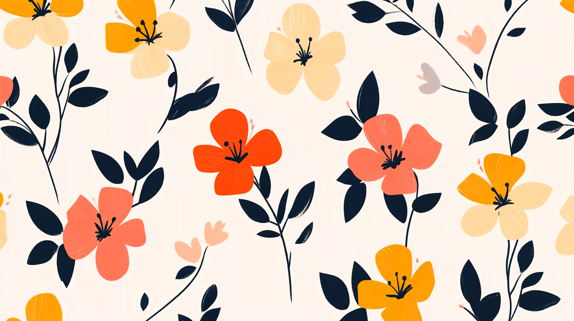 Colorful floral pattern with orange, pink, and yellow flowers on a soft cream background, designed as a 4K Ultra HD desktop wallpaper and background.