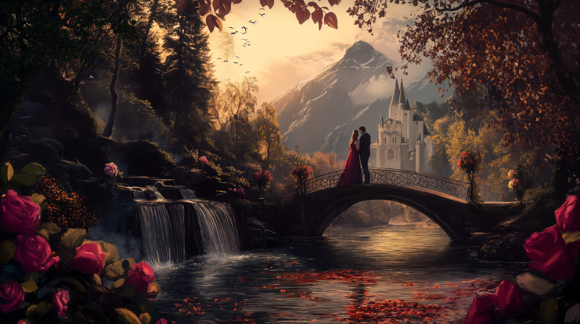 A romantic couple embraces on a bridge, surrounded by vibrant flowers and a serene river, with majestic mountains and a castle in the backdrop, creating a dreamy atmosphere.